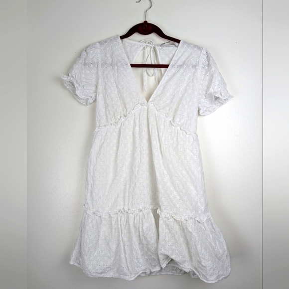 NWOT Zara White Eyelet Ruffle Mini Dress Whimsy CottageCore Beach Coquette - Picture 1 of 14